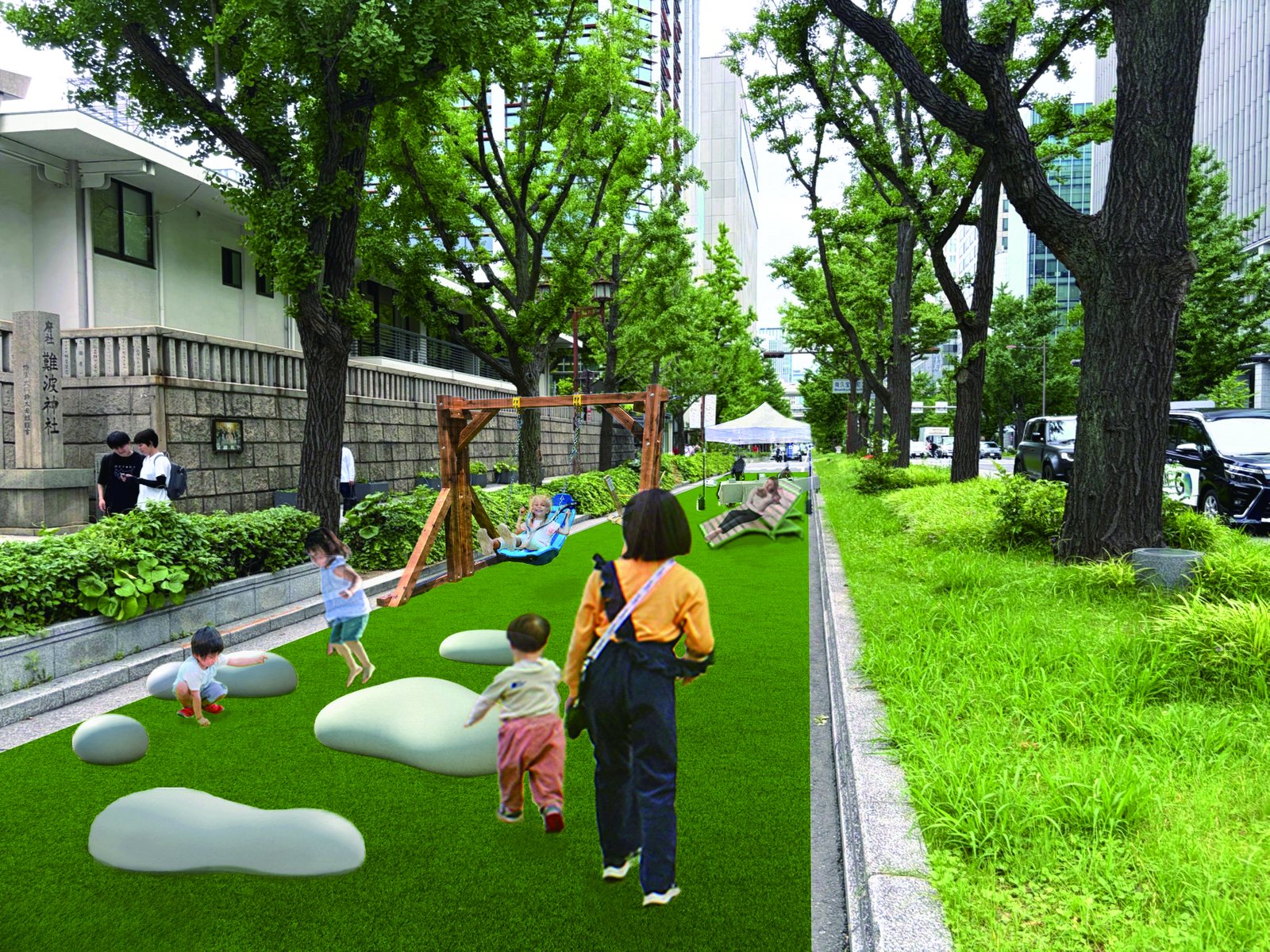 芝生と雲のような家具を配した滞在空間のイメージ