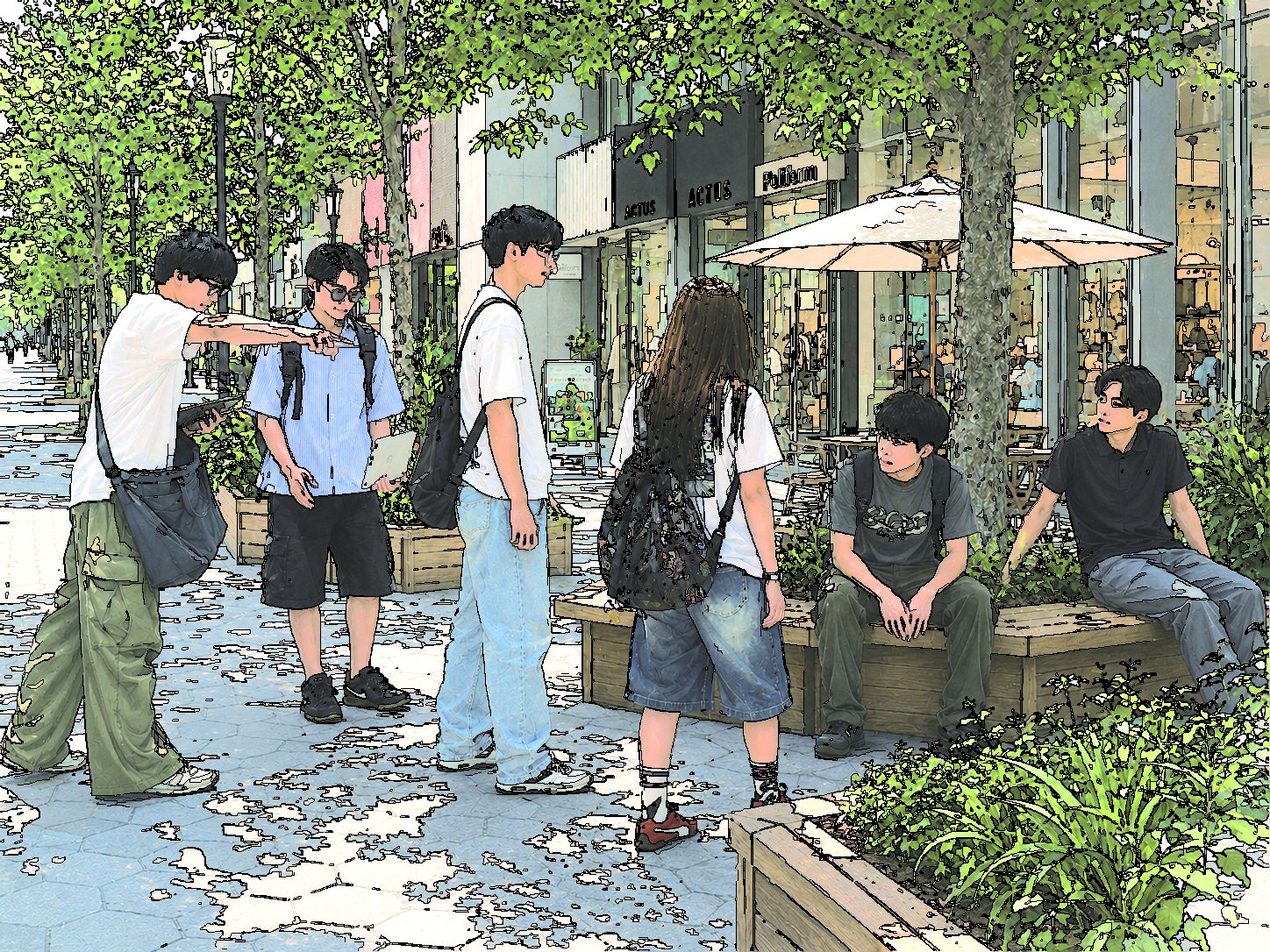 ベンチで人々が立ち止まり、交流する滞在空間のイメージ
