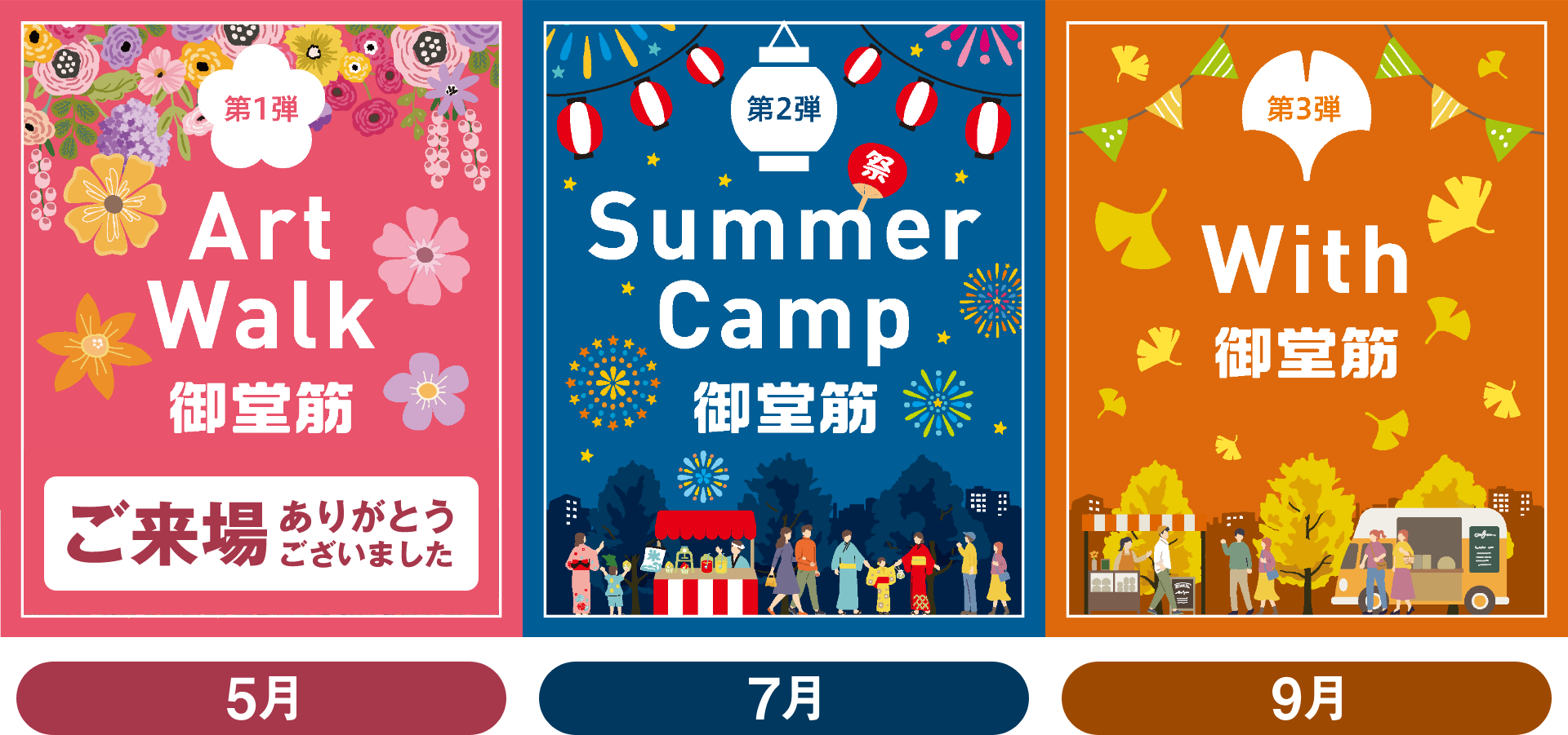 5月 Art Walk 御堂筋、7月 Summer Camp 御堂筋、9月 With 御堂筋