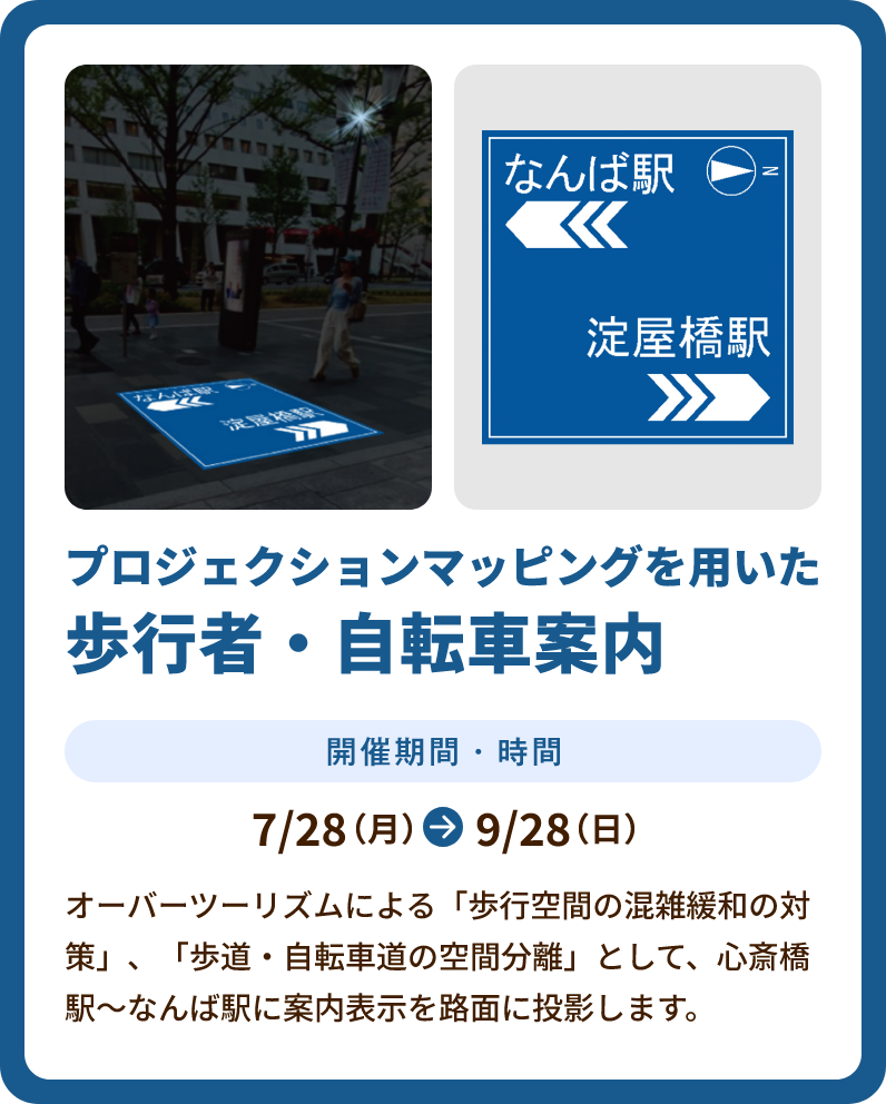 7/28～9/28開催 プロジェクションマッピングを用いた歩行者・自転車案内 オーバーツーリズムによる「歩行空間の混雑緩和の対策」、「歩道・自転車道の空間分離」として、心斎橋駅～なんば駅に案内表示を路面に投影します。